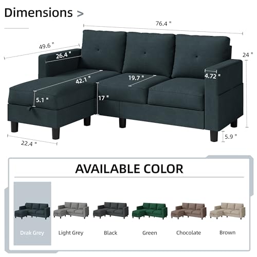 Shintenchi Upholstered Convertible Sectional Sofa for Living Room, 3 Seat L Shaped Couches with Storage Function Ottoman, Modern Linen Convertible Sofas with Reversible Chaise