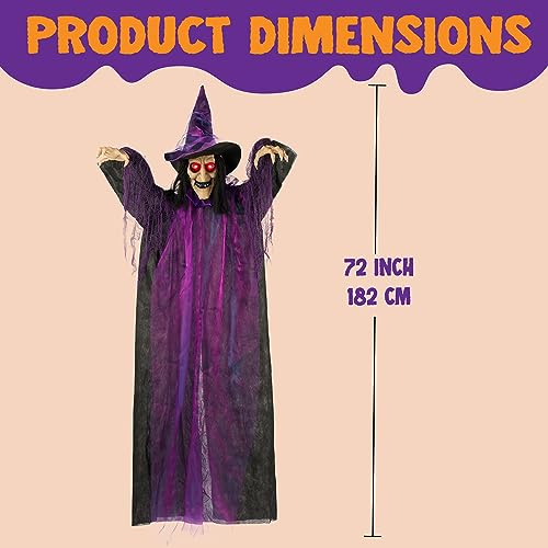 JOYIN 72” Hanging Witch Halloween Decorations Outdoor, Talking Flying Ghost Front Porch Decor Haunted House Sound Activated Light Up Eyes Purple Ragged Robe