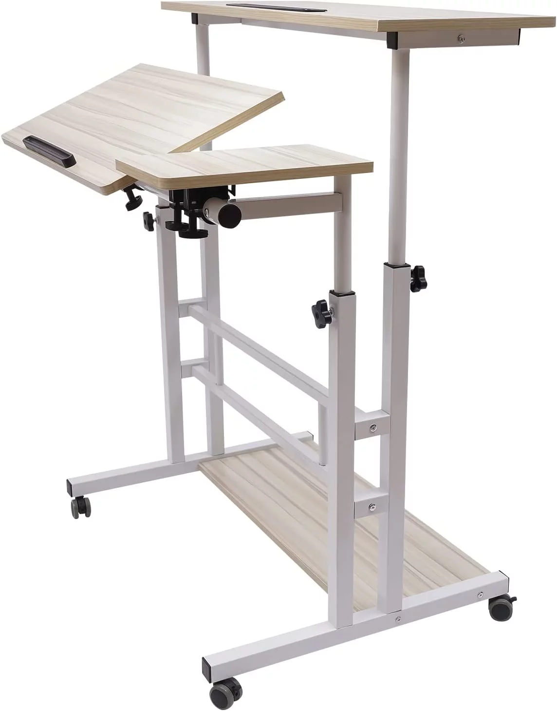 OUKANING Mobile Stand Up Desk Adjustable Laptop Desk Home Computer Table Office Table Laptop Cart With Wheels White