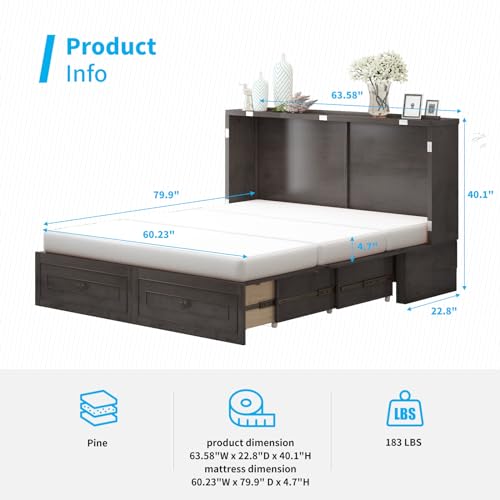 Mjkone Murphy Bed Cabinet, Queen Cabinet Wall Beds with USB Charging Station & Tri-Folding Mattress, Cabinets Beds w Storage Drawers for Guest Bedroom Apartment Home Office, Dark Grey