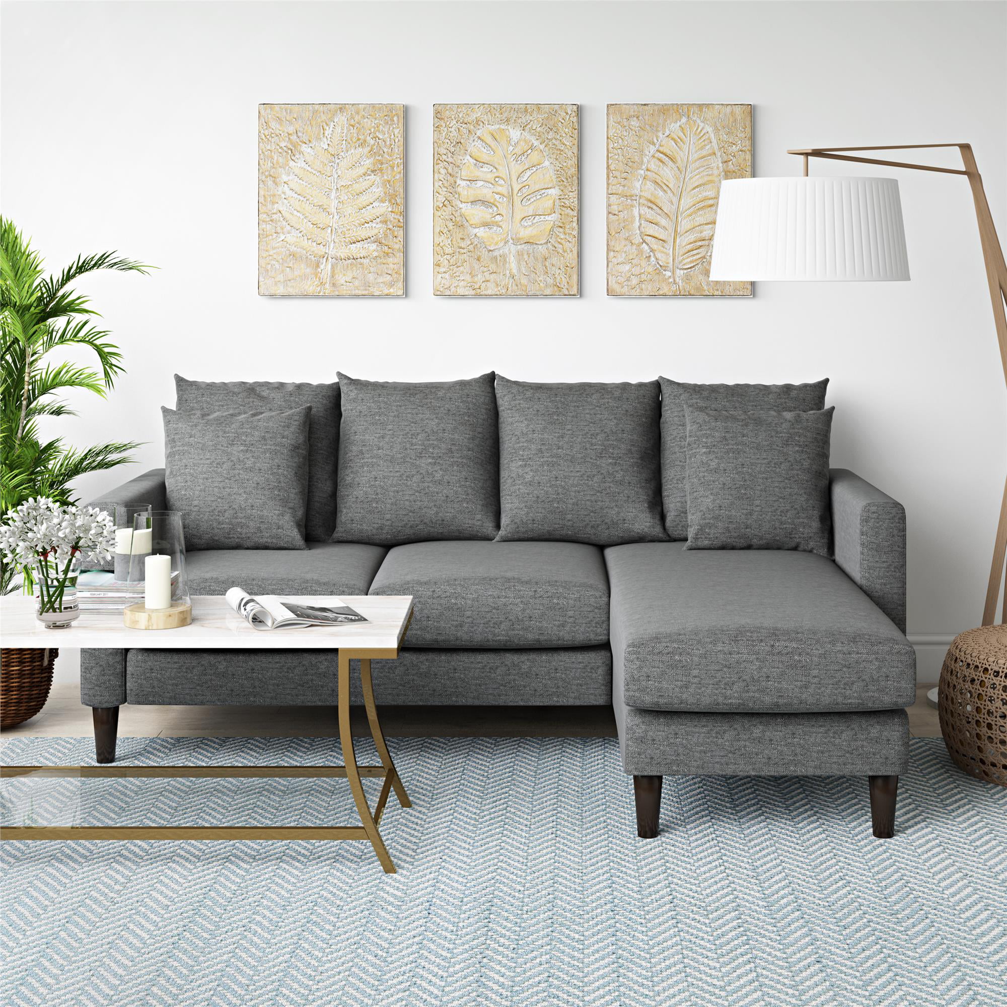 DHP Keaton Reversible Sectional with Pillows, Gray