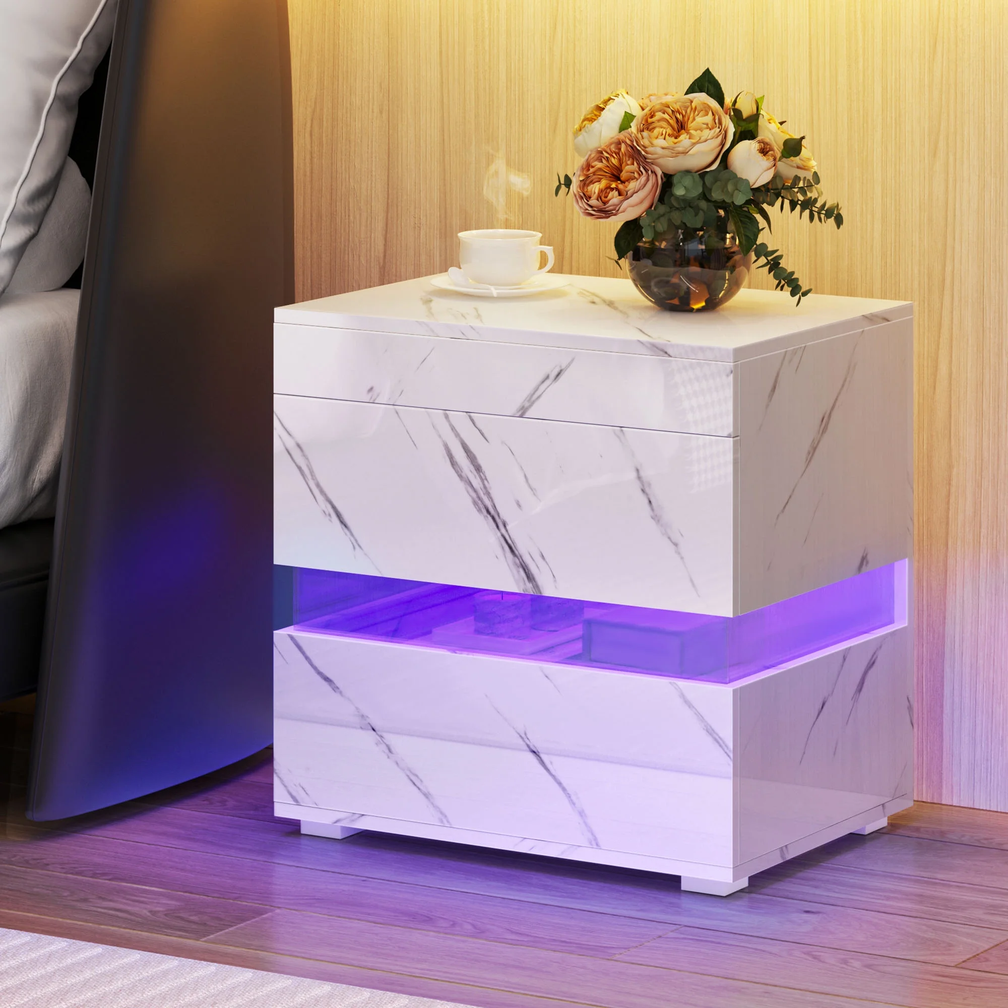 Dextrus High Gloss LED Nightstand, Acrylic Bedside Table with 3 Drawers for Bedroom Living Room, Marble White