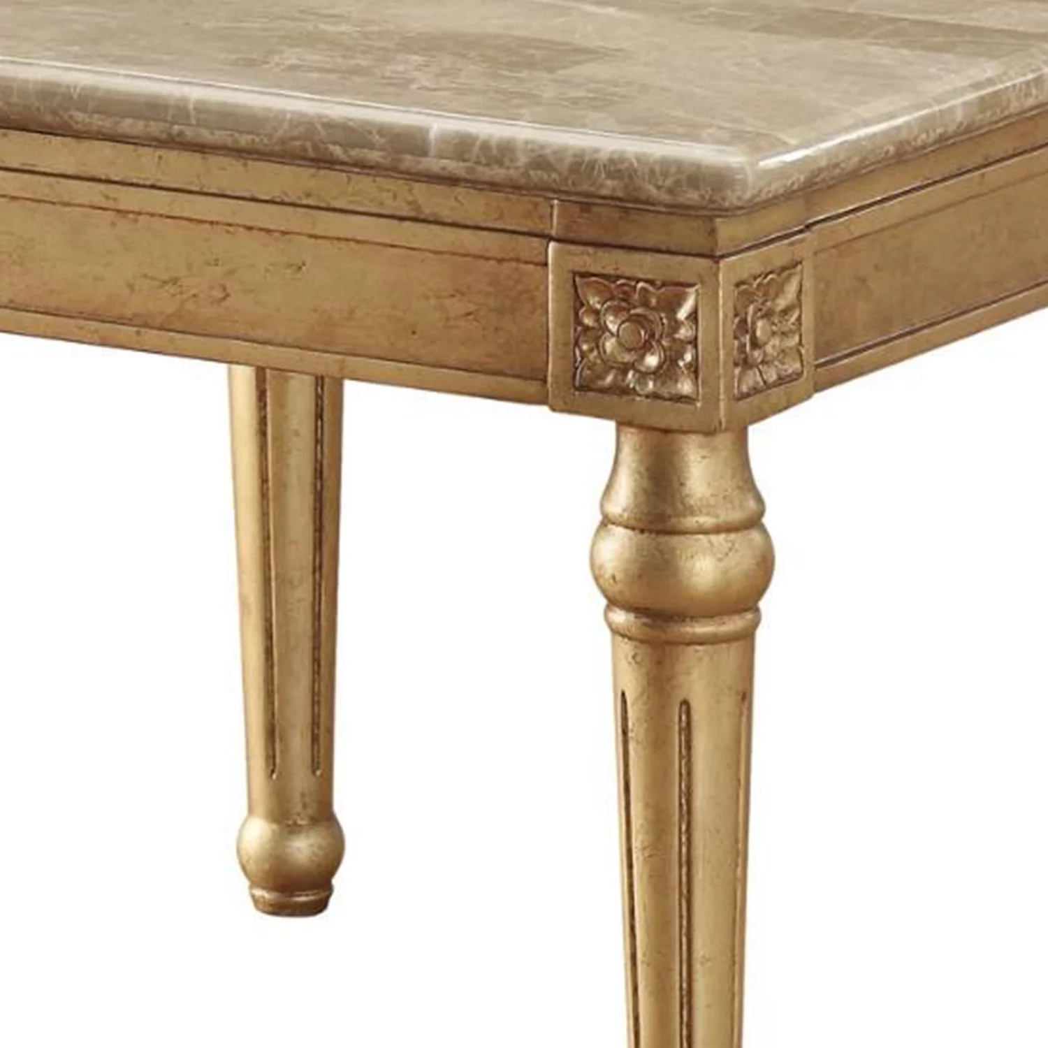 Benzara Marble Top End Table With Fluted Detail Wooden Turned Legs, Gold