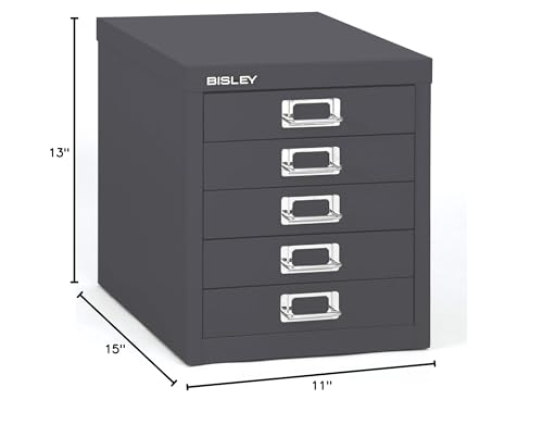Bisley 10-Drawer Steel MultiDrawer Cabinet - Black, Chrome Pull Handles with Label Holders, Powder-Coated Steel, Removable Drawers, Fits Under Most Desks, Labels Included