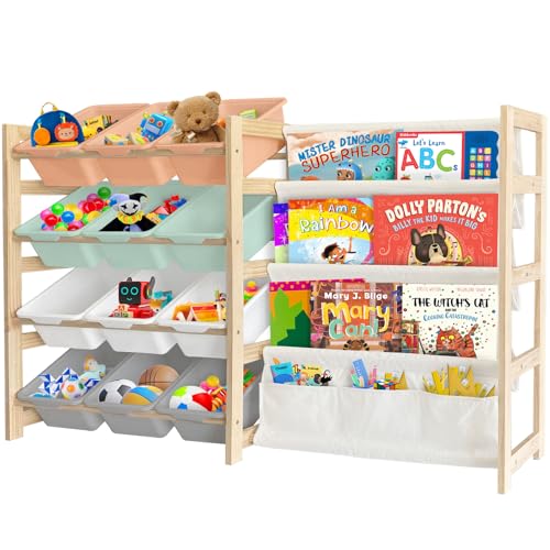 Toy Storage Organizer with Bookshelf - 12 Storage Bins 4-Tier Multipurpose Shelf to Organize Toys and Books for Kids Room, Playroom, Nursery Room, White