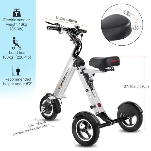TopMate ES32 Electric Scooter 3 Wheels Foldable Trike with Seat for Adults, Light Weight with Reverse Function and Key Switch, 10 Inch Pneumatic Tires Tricycle for Commute and Travel