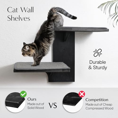 Cat Wall Shelves Two Large Steps for Cats to Climb and Rest on as a Bed - Thick Solid Wood Cat Wall Shelf with Sisal Scratching Post - Window cat Shelf