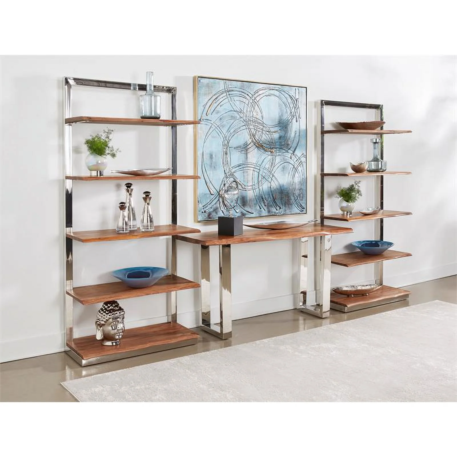 Pemberly Row Brownstone 2 Wood Console Table w/ Brown Top/Chrome base