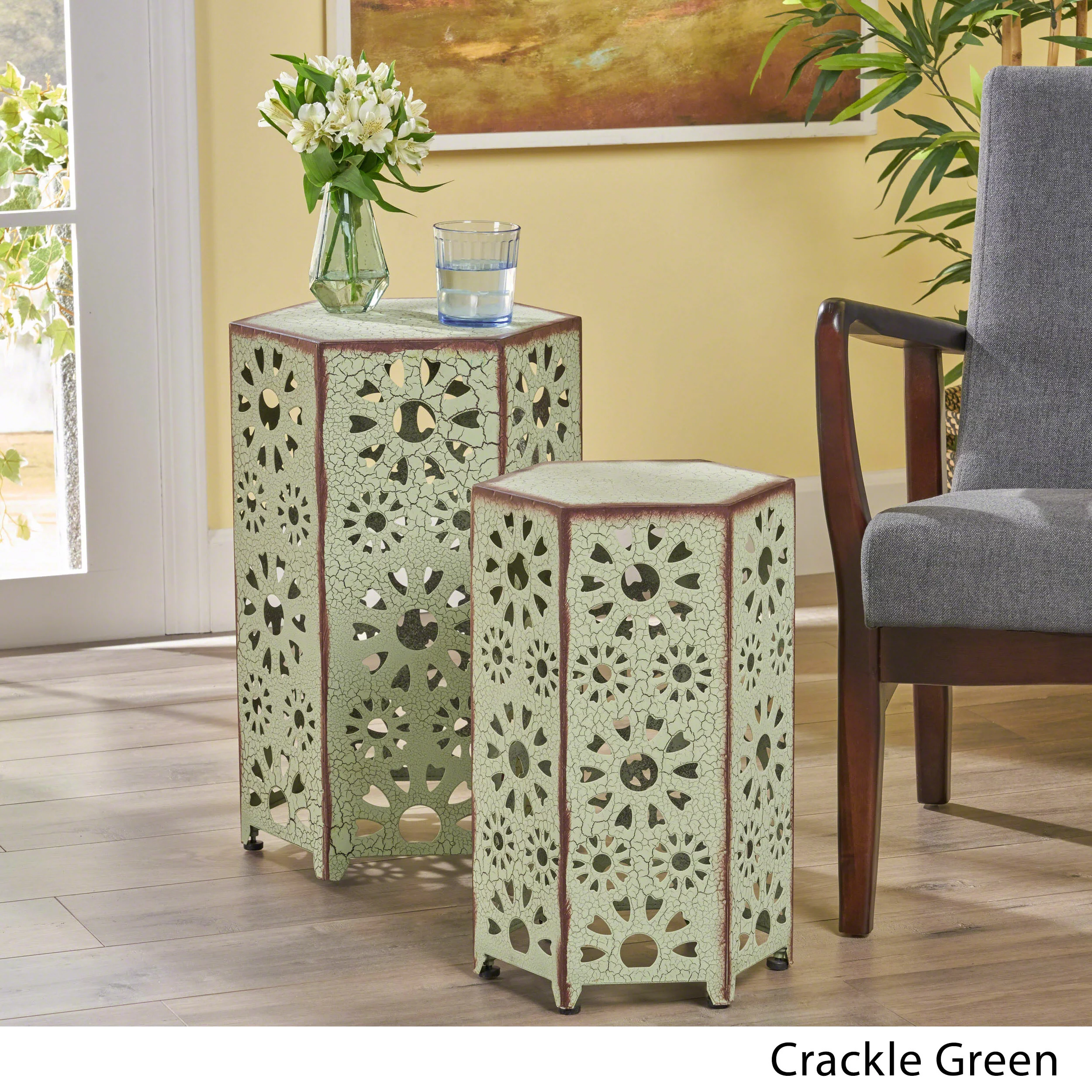 Noble House Vania 12 Inch and 14 Inch Sunburst Iron Side Table Set, Crackle Green