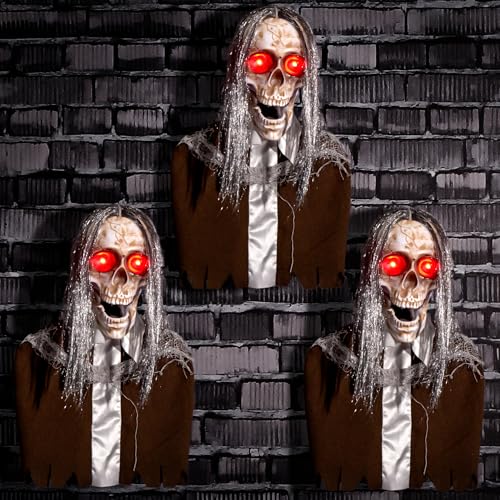Halloween Animatronics Zombie Pathway Markers Decorations, Hanging Animated Floating Scary Skull with Stakes, Sound Activated, Talking, Light Up Eyes, Haunted Horror Prop for Indoor, Outdoor (3Pack)