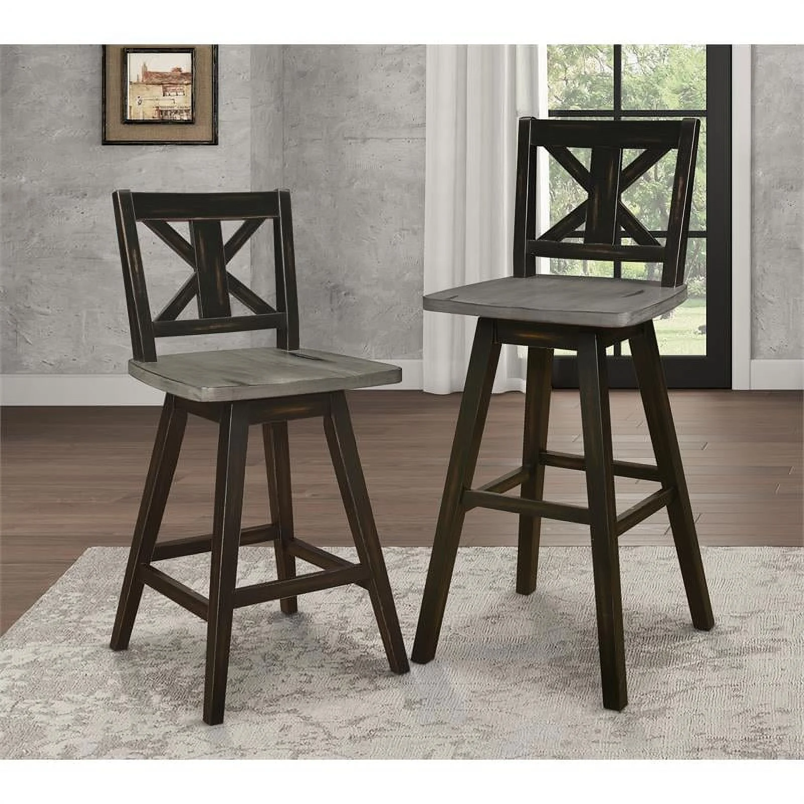 Pemberly Row Cross Back Bar Height Dining Swivel Chair in Black (Set of 2)