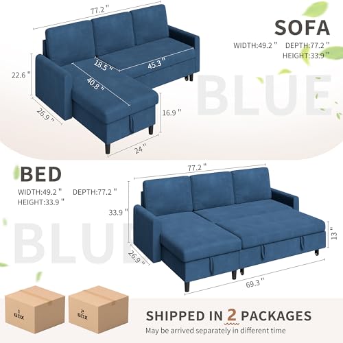 Walsunny Sectional Sofa Couch Bed L Shaped Sleeper Sofa Bed Pull Out Bed with Storage, Reversible Sectional Couches for Living Room, Apartment, Office(Blue)