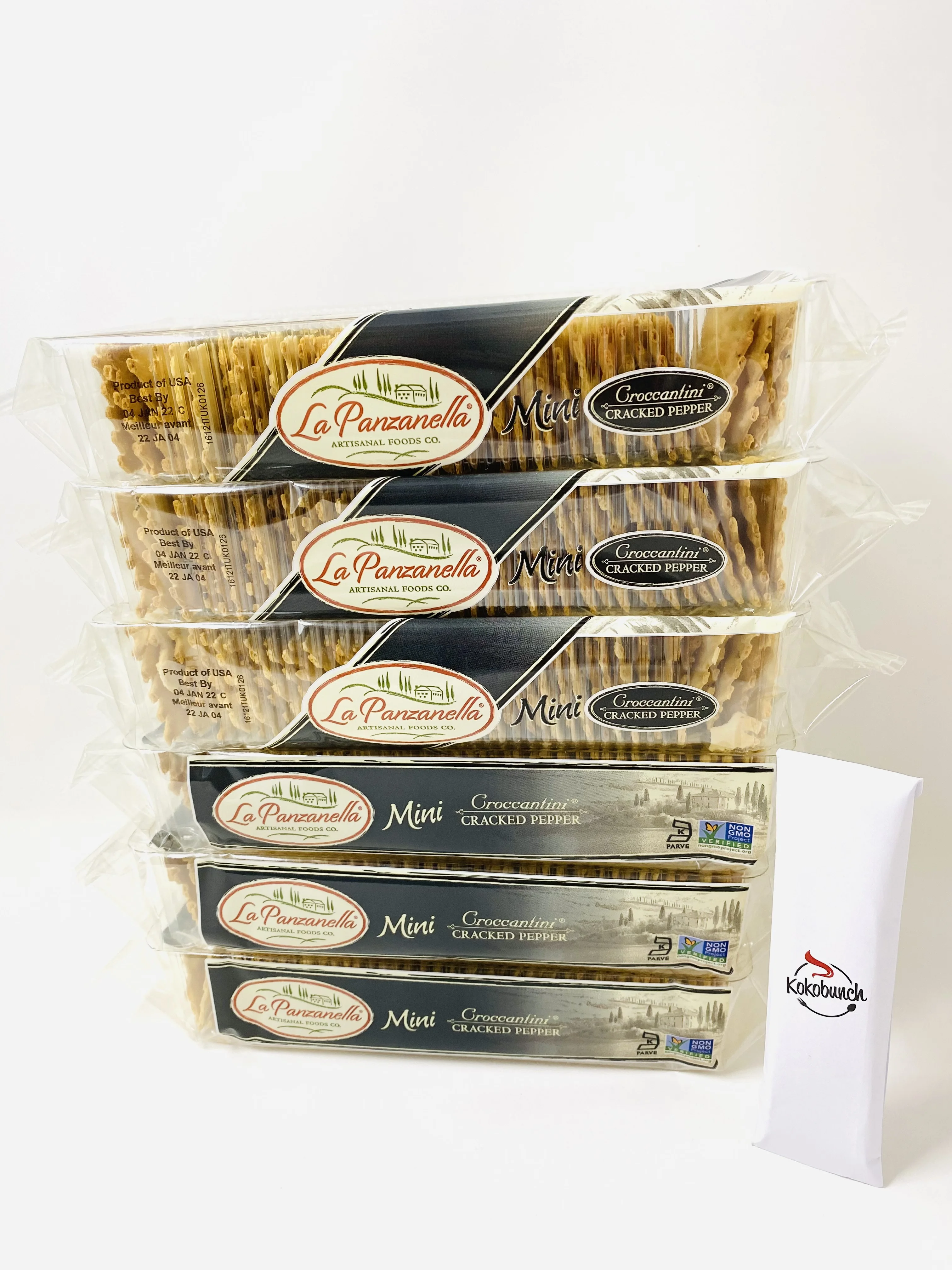 La Panzanella Artisan Crackers Mini Croccantini Cracked Pepper Gourmet Flatbread with Kokobunch Kit 6oz (Pack of 6)