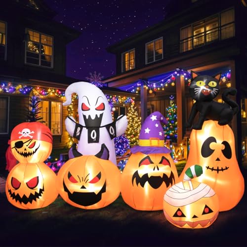 Meland Halloween Inflatable Outdoor Decorations - 8Ft Long Inflatable Halloween Pumpkins with LED Light, Halloween Blow ups for Outside Backyard Garden, Orange