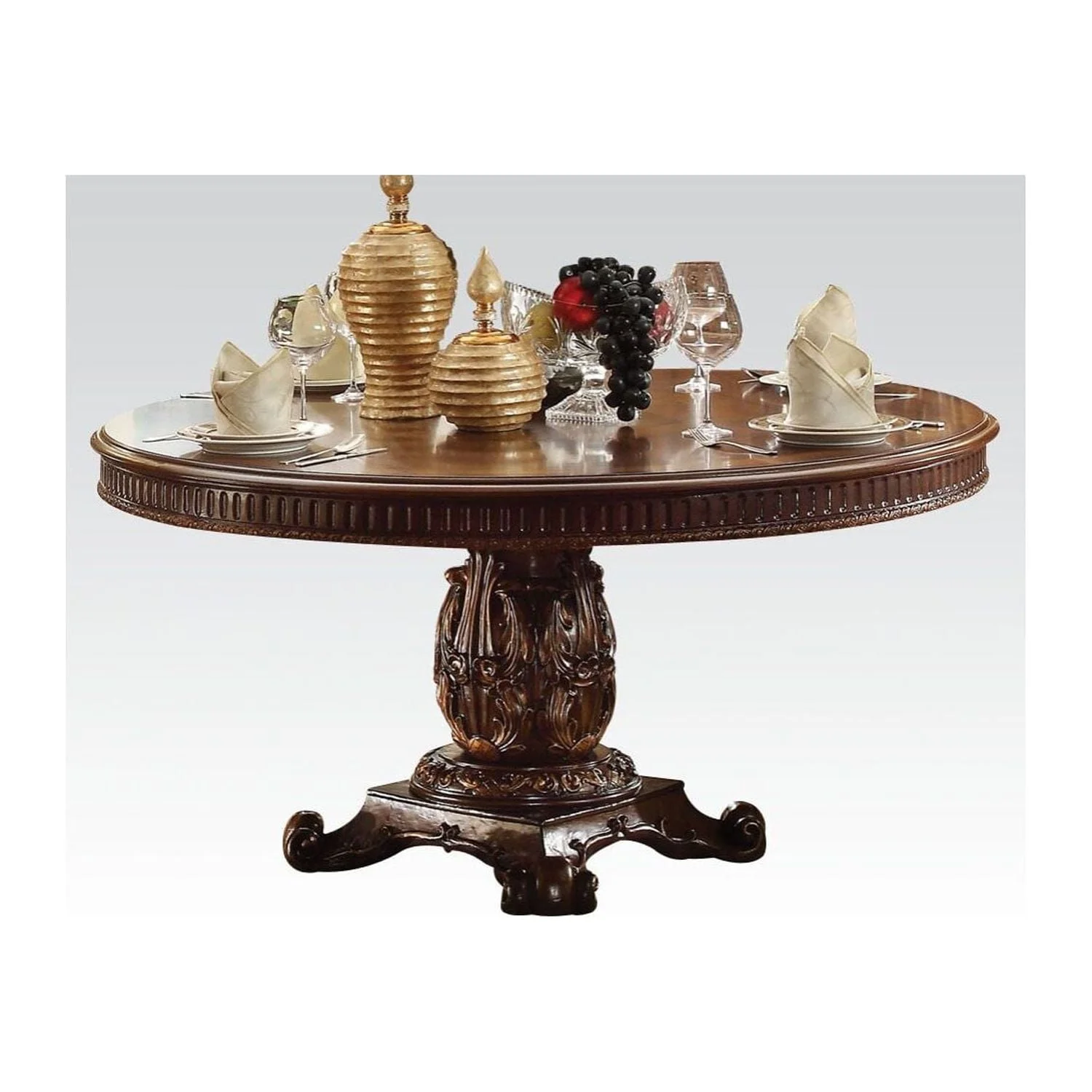 ACME Vendome Dining Table w/Pedestal, Cherry (1Set/3Ctn)-Finish:Cherry,Style:Vintage/Traditional/Victorian