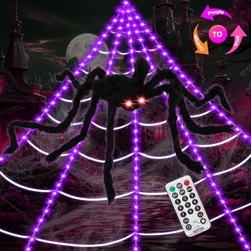 Upgrade 3 Colors Purple/Orange/Pink/Spiders Web Lights,with Single Color Always ON,11 Modes 16.4Ft 200 LED Super Bright Halloween Decorations Lights with Remote Control,49'' Giant Glowing Spider