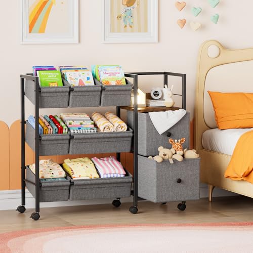 Kids Toy Organizers and Storage Bins - 7 Storage Bins + 2 Fabric Drawers + 1 Bookshelf, Playroom Storage, Mobile Cart Organizer for Toy, Clothes, Blankets and Books - Black
