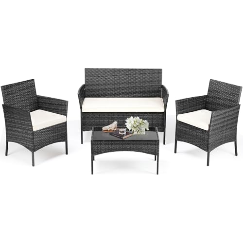 DUMOS Patio Furniture Set 4 Pieces, Outdoor Wicker Furniture with Coffee Table, Modern Rattan Patio Chairs Conversation Sets with Sofa for Garden, Terrace, Porch, Balconies, Lawns, Black
