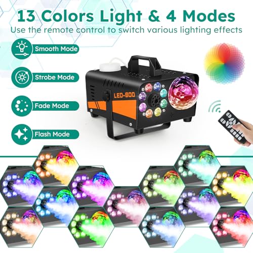 Fog Machine Halloween Outdoor, Smoke Machine with Disco Ball Lights, 600W Power and 3000CFM with 13 Colors LED Lights Wireless Remote Control, Perfect for Indoor, Parties, Halloween, Wedding, DJ Stage