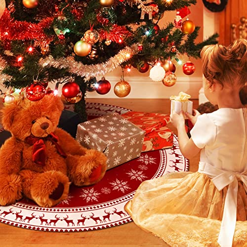 Lukisesy Christmas Tree Skirt 48 inch Tree Skirt Large Snowflake Reindeer Red Xmas Tree Skirt Rustic Christmas Decorations for Winter New Year Holiday Party Decor Indoor Outdoor, RED48IN
