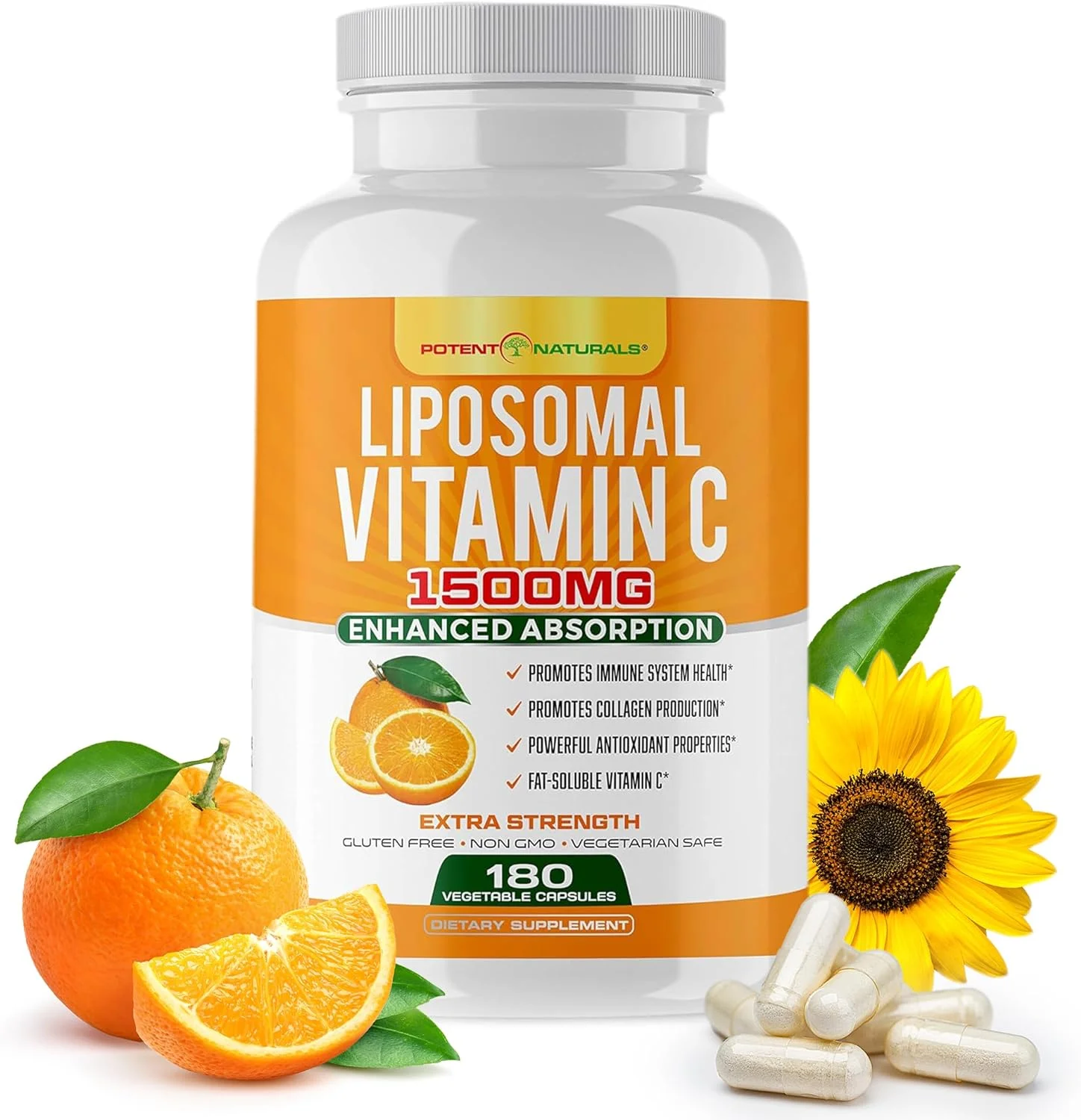 POTENT NATURALS Liposomal Vitamin C 1500mg, Vitamin C Supplement - High Absorption Ascorbic Acid - Immune-Support Supplement & Helps Collagen Production- 180 Capsules 1500 MG