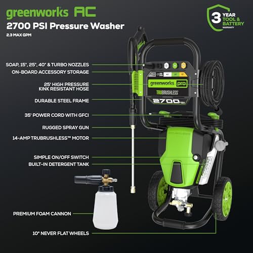 Greenworks 3000 PSI Pressure Washer (2.0 GPM Max) with Foam Cannon – Easily Remove Dirt and Grime on Siding, Fences, Patios,