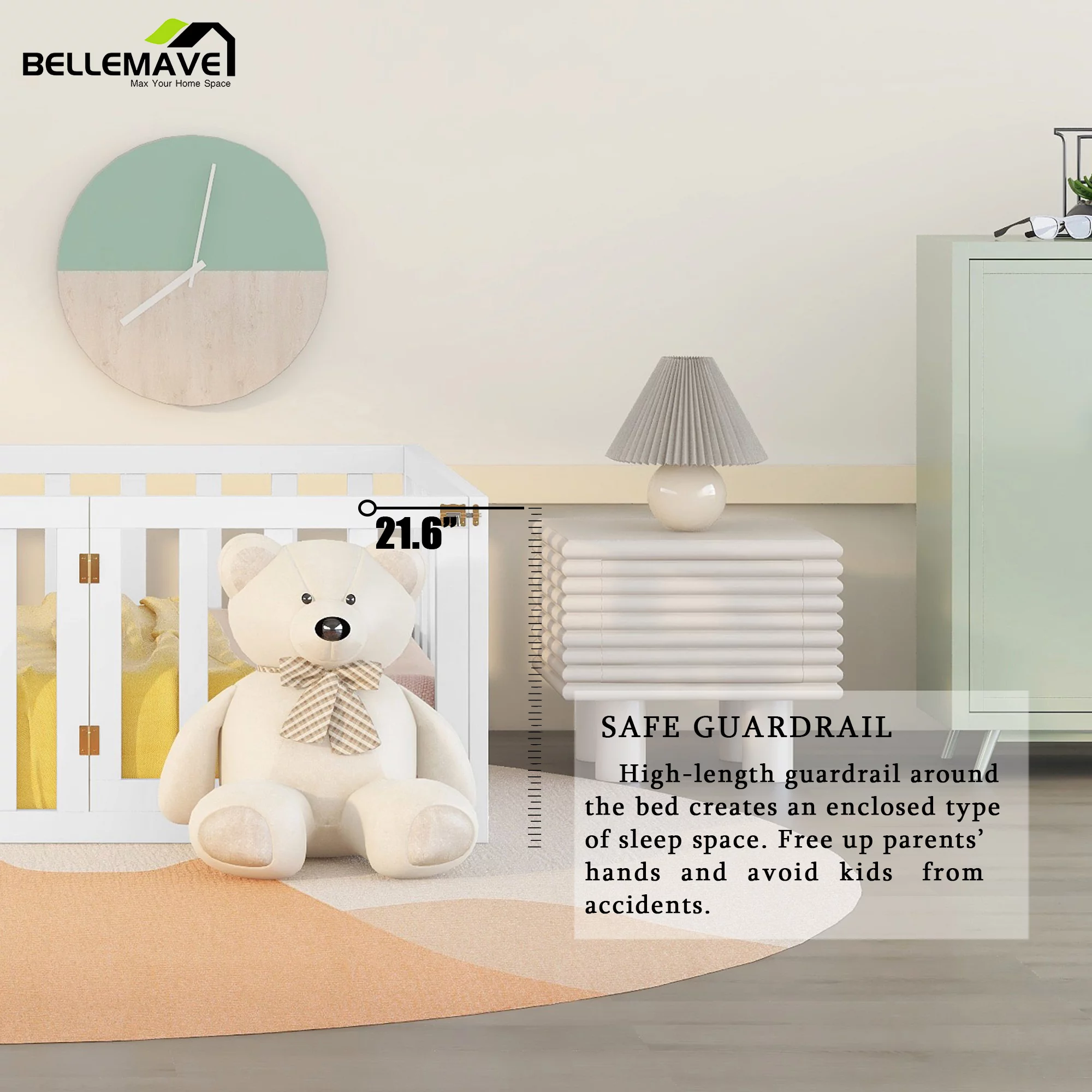 Bellemave Twin Size Montessori Bed for Toddler, Wood Kids Floor Bed Frame with Fence and Door, White(Slats Not Include)