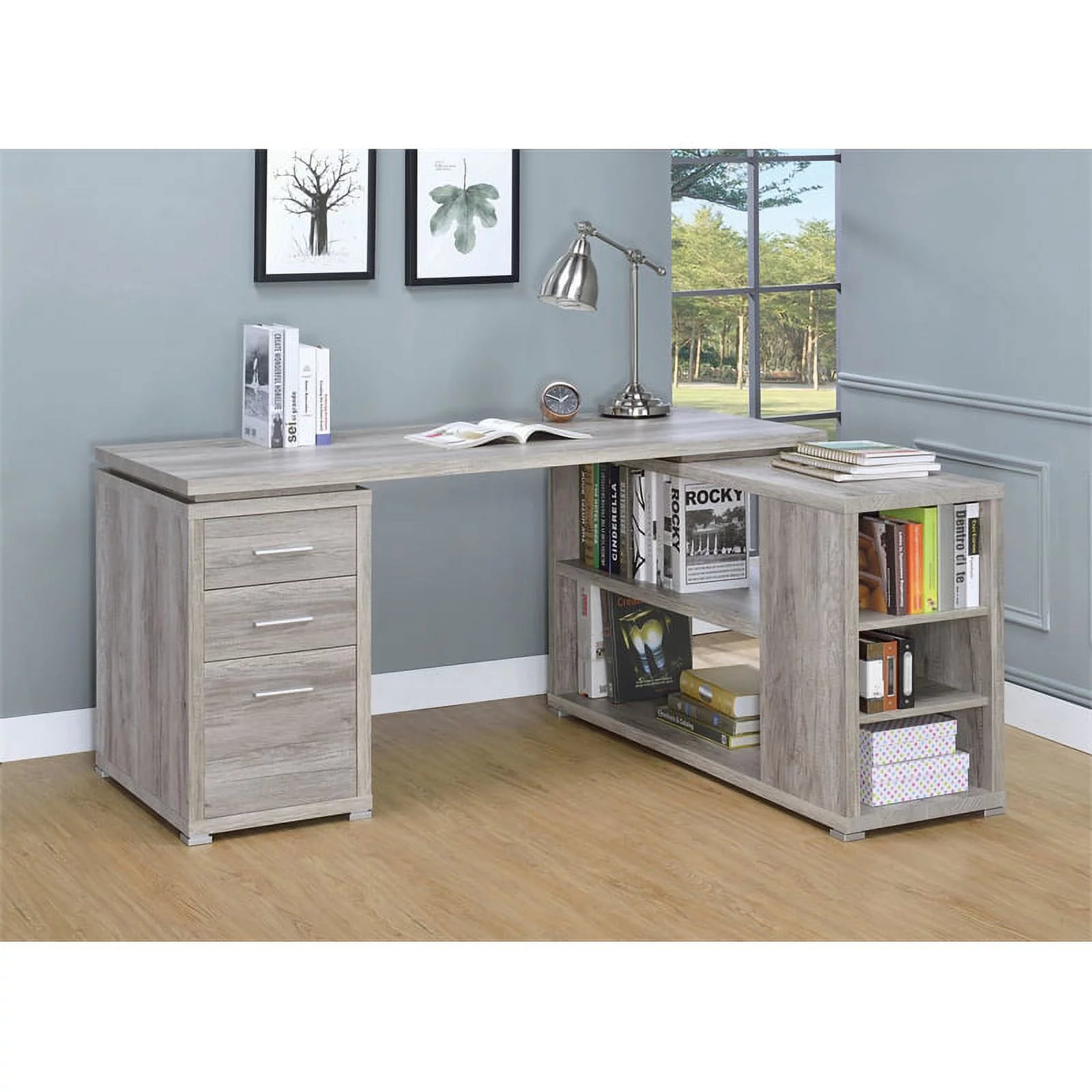 Home Square 2 Piece Set with L-Shaped Desk & Office Chair in Gray Driftwood/Gray