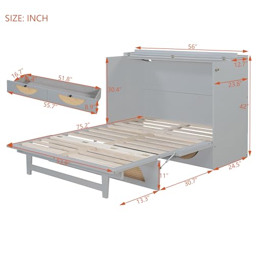 Harper & Bright Designs Full Size Murphy Bed Cabinet Wall Bed Chest with USB, Charging Station and Large Storage Drawer for Home Office (Brushed White)