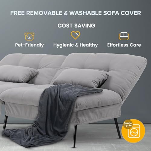 COMHOMA Convertible Sofa Bed,68″Fabric Couch with Adjustable Backrest,Loveseat Recliner Sleeper Living Room Furniture futon Set,Black