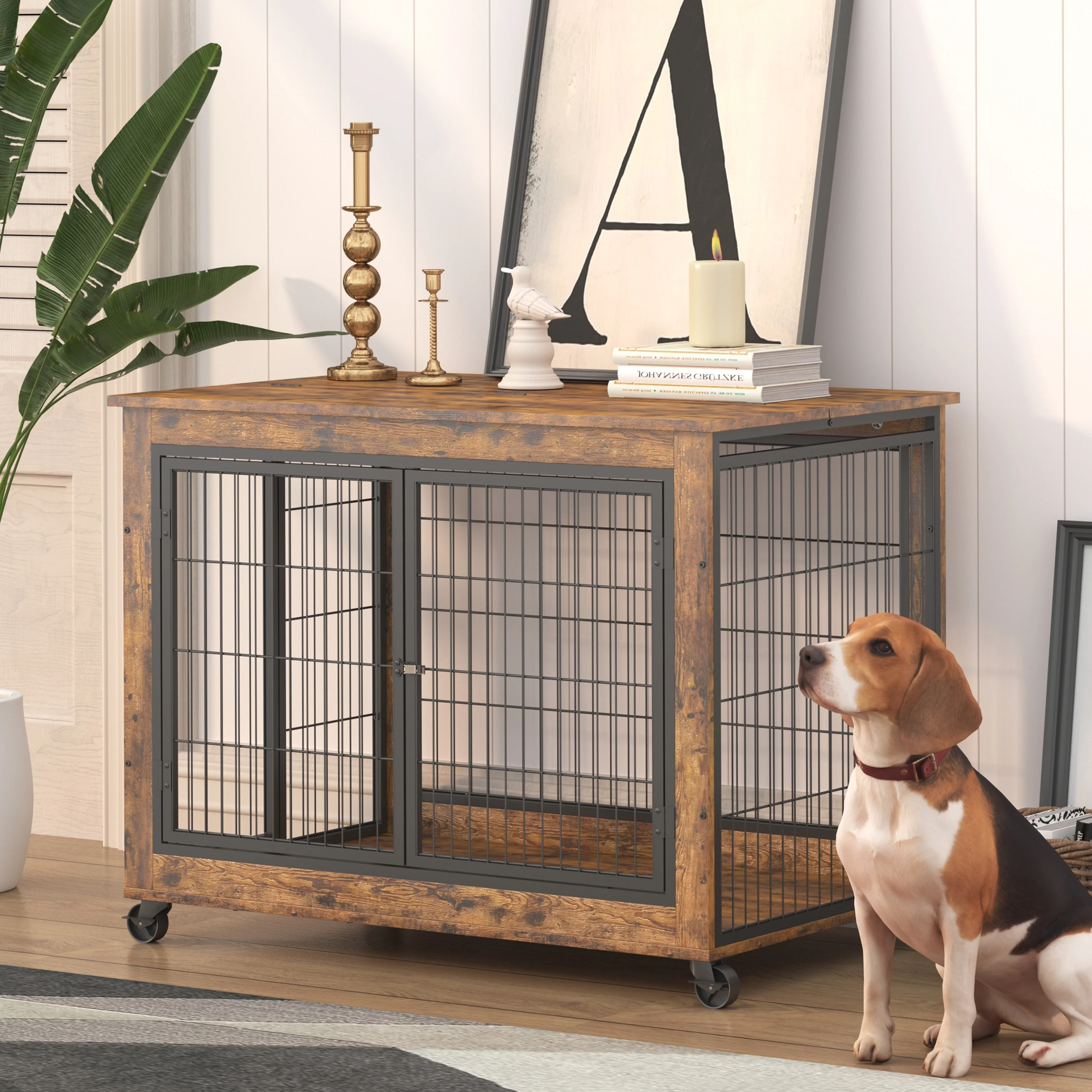 Syngar Dog Crate on Wheels, Wooden Dog Cage with Lockable Double Doors and Lift Top, Modern Home 2-in-1 Dog House End Table Furniture, Dog House for Small/Medium Sized Dogs, Rustic Brown, 38.58