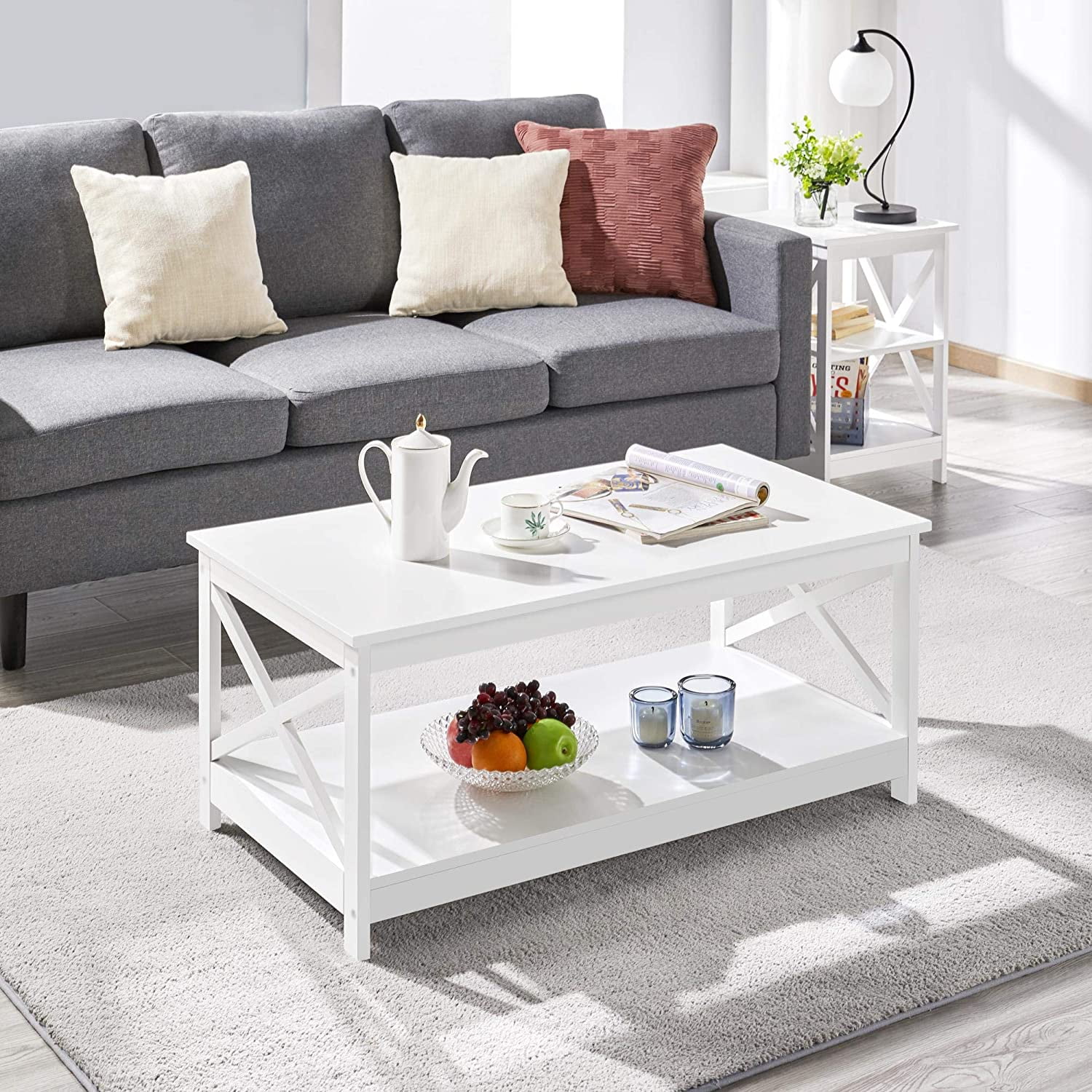Farmhouse Coffee Table, Wood 2-Tier White Coffee Table with Storage Shelf for Living Room, X Design Accent Cocktail Table, Simple Design Home Furniture