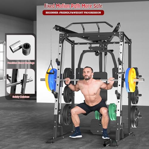 SunHome Smith Machine, 2000LBS Power Cage Squat Rack with Smith Bar, Two LAT Pull-Down Systems, Cable Crossover Machine and and More Cable Attachment for Home Gym