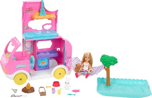 Barbie Camper, Chelsea 2-in-1 Playset with Small Doll, 2 Pets & 15 Accessories, Vehicle Transforms into Camp Site (Amazon Exclusive)