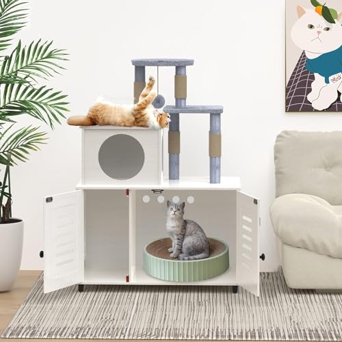 White All-in-one Cat Cabinet with Litter Box Enclosure, Scratching Post, Soft Plush Perch and Divider