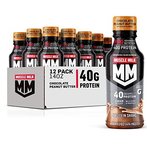 Muscle Milk Pro Advanced Nutrition Protein Shake, Knockout Chocolate, 14 Fl Oz Bottle, 12 Pack, 40g Protein, 1g Sugar, 16 Vitamins & Minerals, 6g Fiber, Workout Recovery, Packaging May Vary