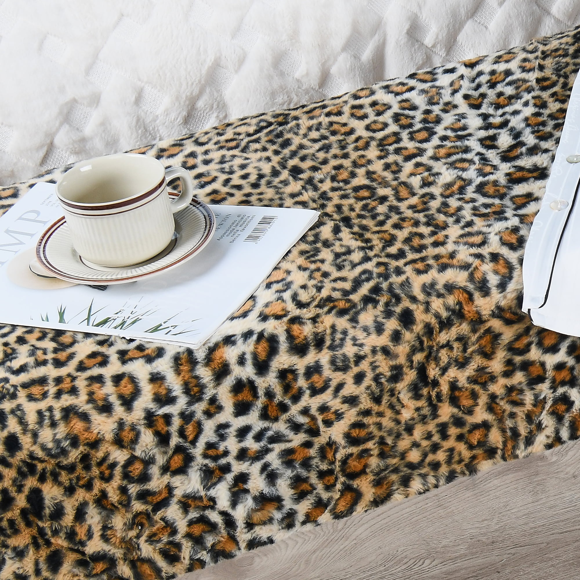 Home Soft Things Faux Fur Ottoman- Leopard - Black Leg - 46x16x22