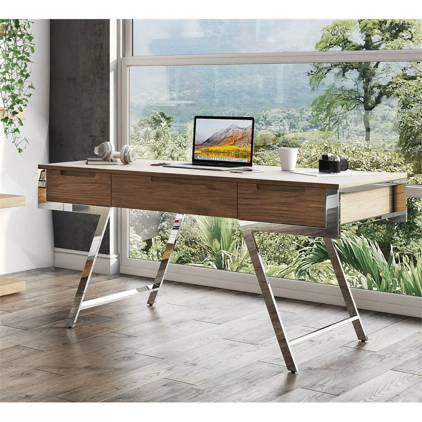 Modrest Dessart 3-Drawer Modern Veneer & Stainless Steel Desk in Walnut/Chrome