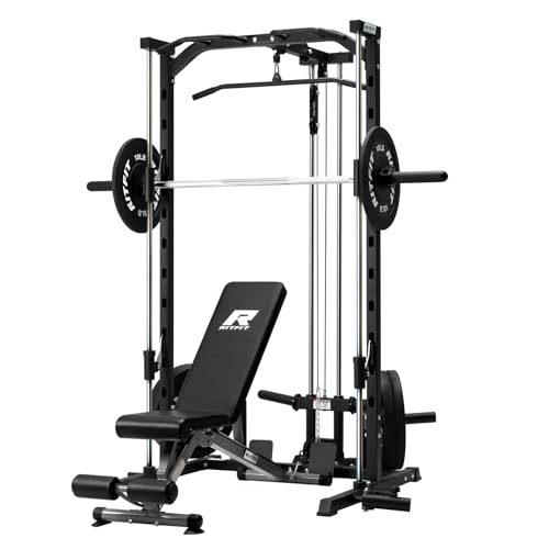RitFit Smith Machine Power Rack with LAT-Pull Down System, Landmine, Barbell Bar, Plate Storage Pegs and More Training Attachment