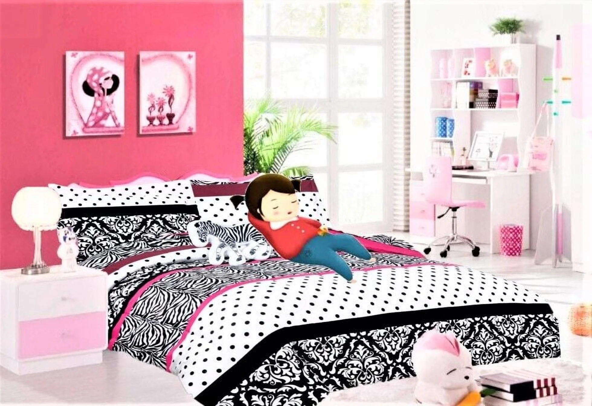 6 piece Twin zebra pink bed in bag comforter and sheet set for Kids and Teens for boy's girls bedroom room decor