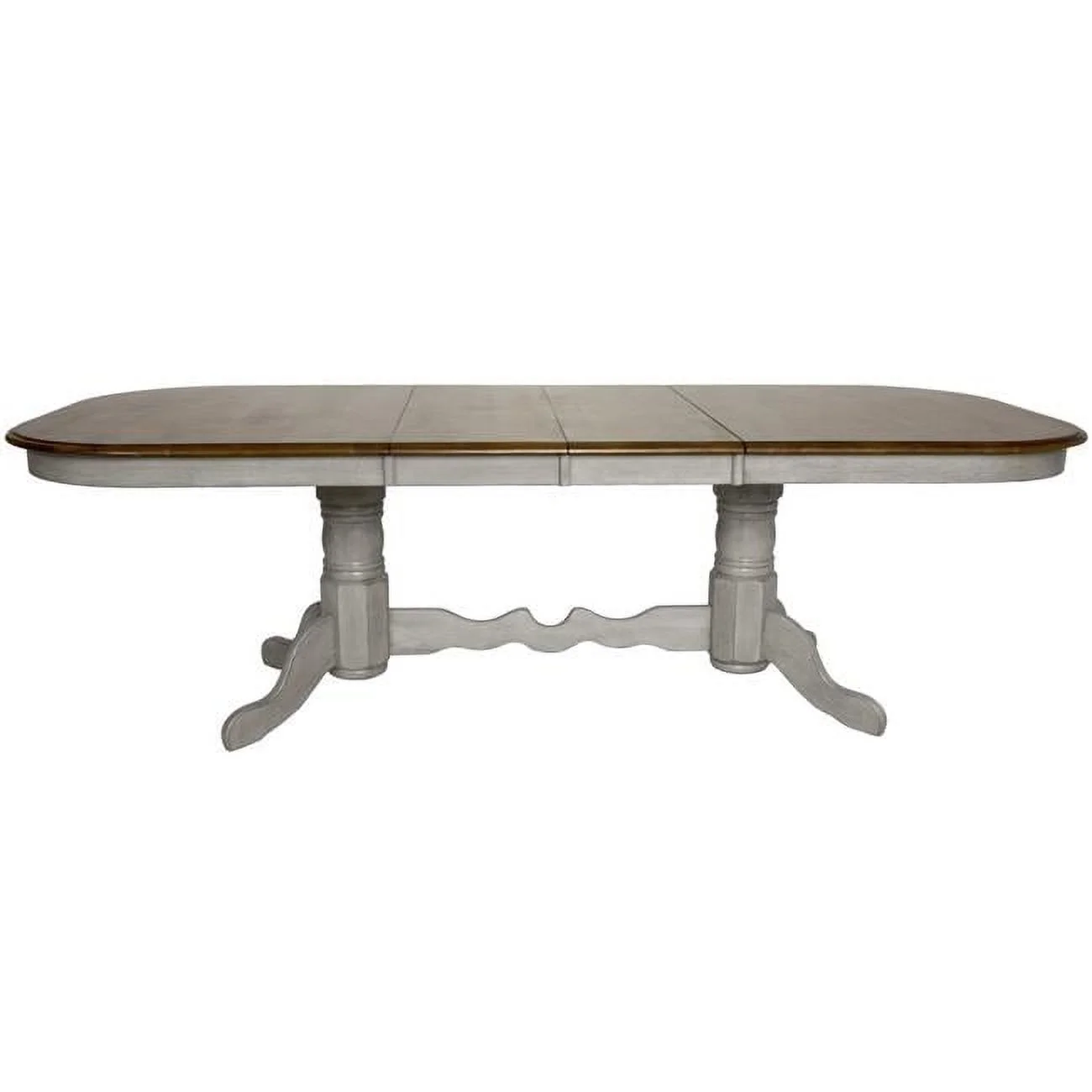 Country Grove Double Pedestal Extendable Dining Table - Distressed Light Gray & Medium Walnut