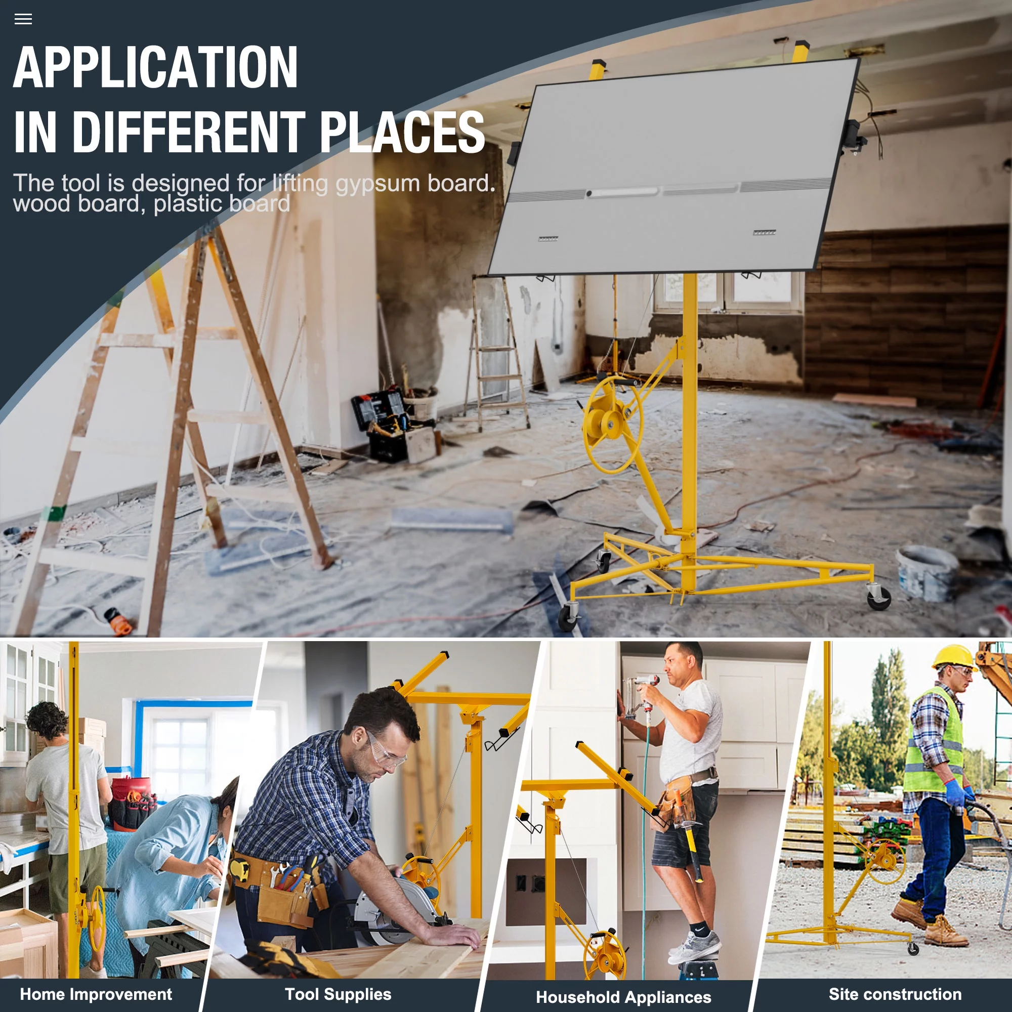Ufurpie 11FT Drywall Rolling Lifter Panel,Sheetrock Lift, 150lb Weight Capacity Panel Hoist Jack Tool, Steel Material w/Telescopic Arm & 3 Lockable Wheels,Yellow