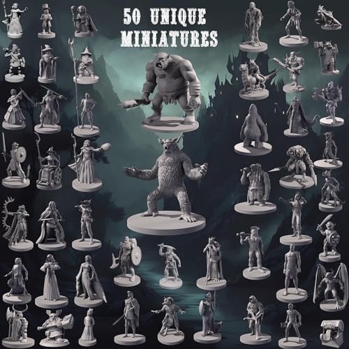 50 Unique Miniatures Fantasy Tabletop RPG Figures for Dungeons and Dragons, Pathfinder Roleplaying Games. Bulk unpainted, Great for D&D