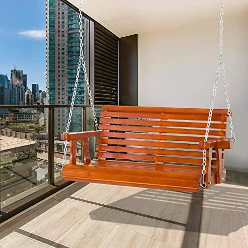 Porch Swing With Chains And Cupholders, 2 Person Wooden Patio Swing Chair, 440 Lbs. Weight Capacity, For Garden, Poolside, Backyard, Brown