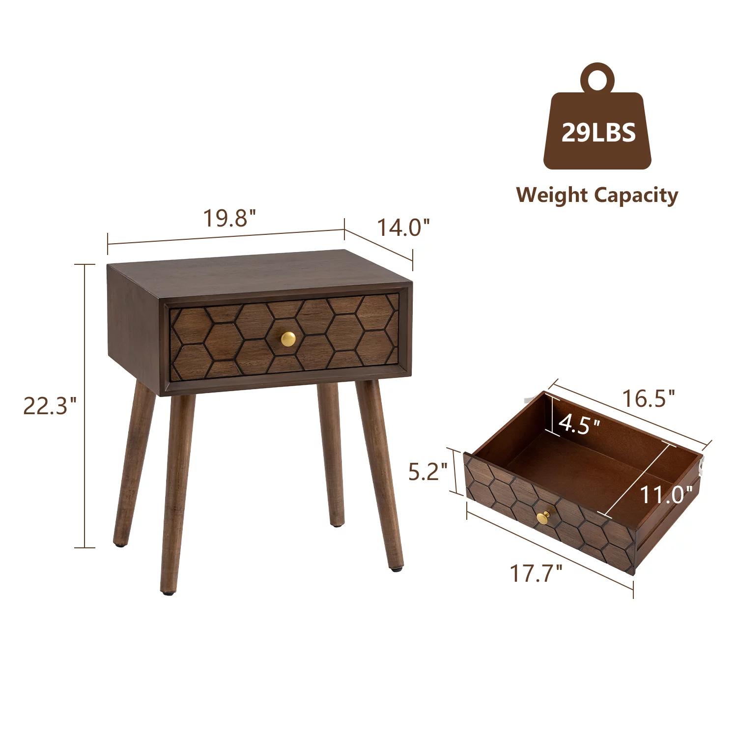 COSIEST Mid-Century Nightstand Brown Modern MDF Bedside Table Wood Accent End Table with Drawer