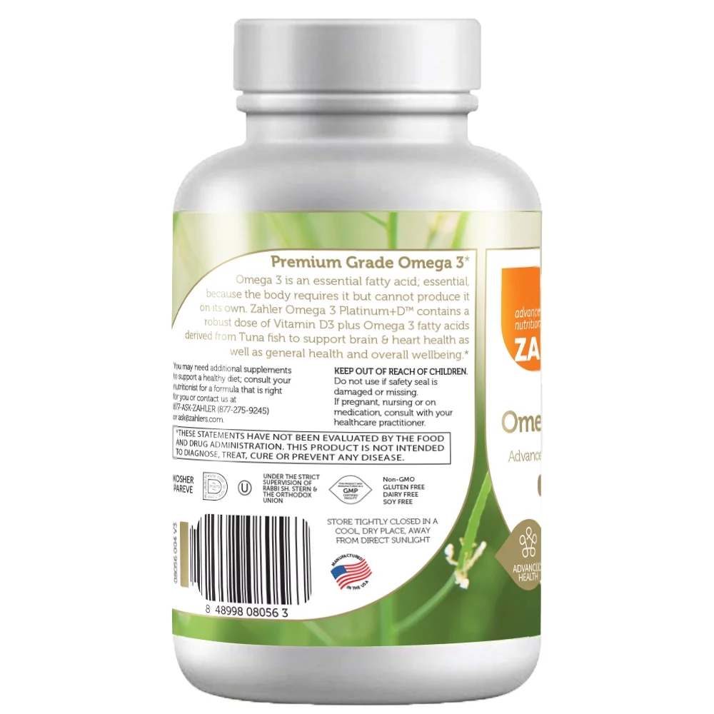 Zahler, Omega 3 Platinum+D, Advanced Omega 3 Fish Oil + Vitamin D3, 2,000 mg, 90 Softgels