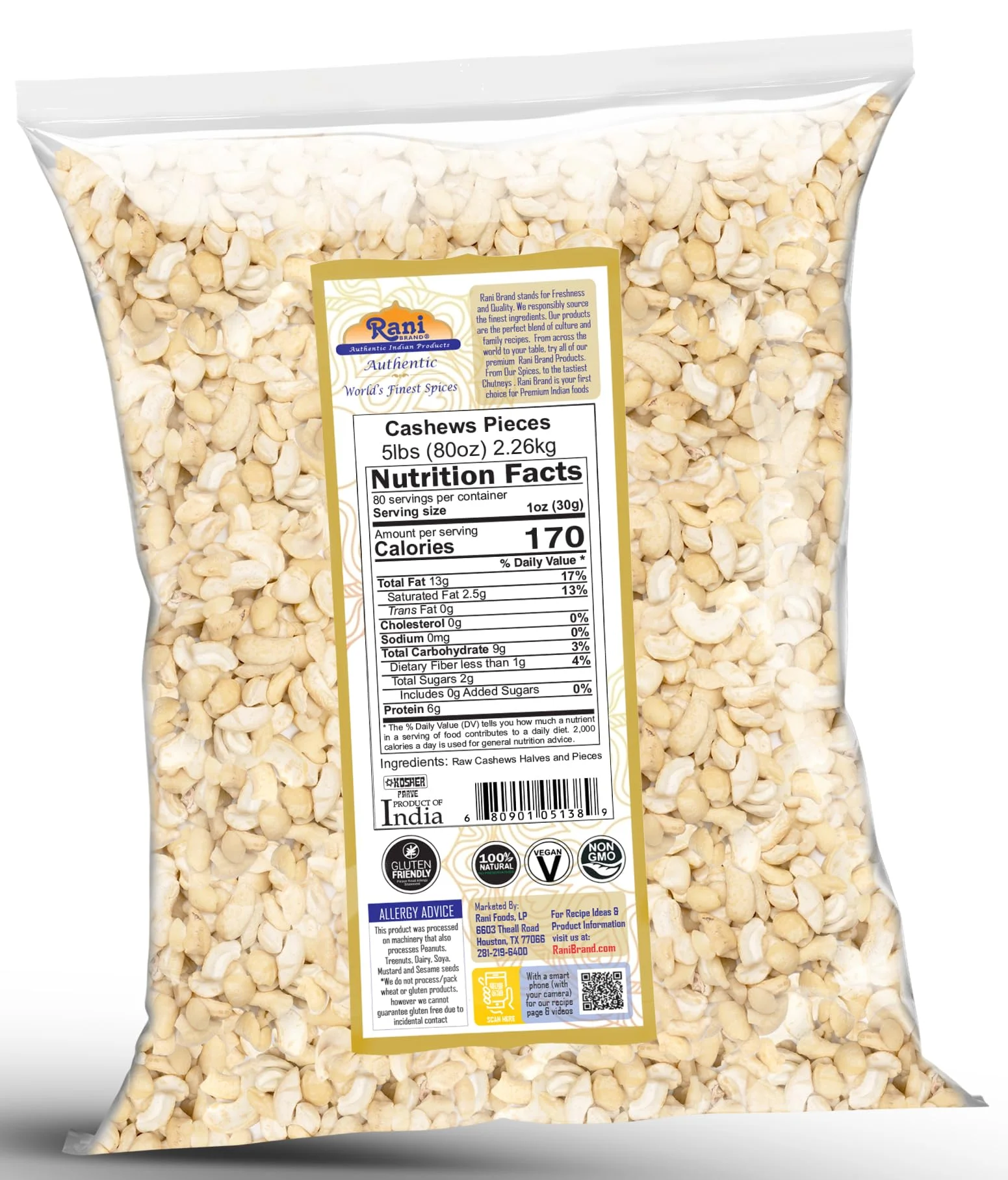 Rani Raw Cashews Halves and Pieces (uncooked, unsalted) 80oz (5lbs) 2.27kg Bulk ~ All Natural, No Preservatives | Vegan | NON-GMO | Kosher | Gluten Friendly