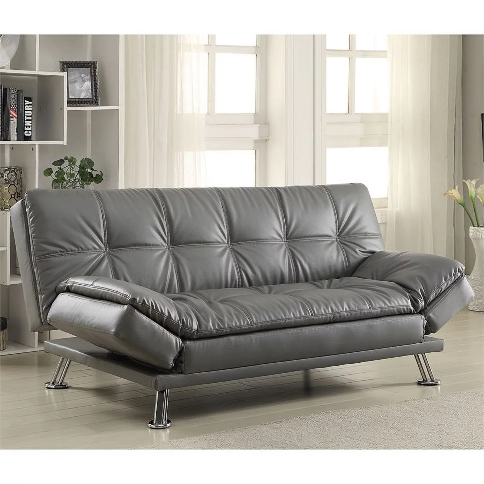 Kingfisher Lane Faux Leather Tufted Sleeper Sofa in Dark Gray