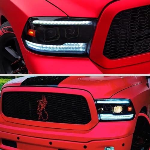 Fits 2019-2024 Ram 1500 Halogen Dual Projector Headlights LED Switchback Sequential Turn Signal + Animated Startup Effect Assembly Pair | Black Smoke
