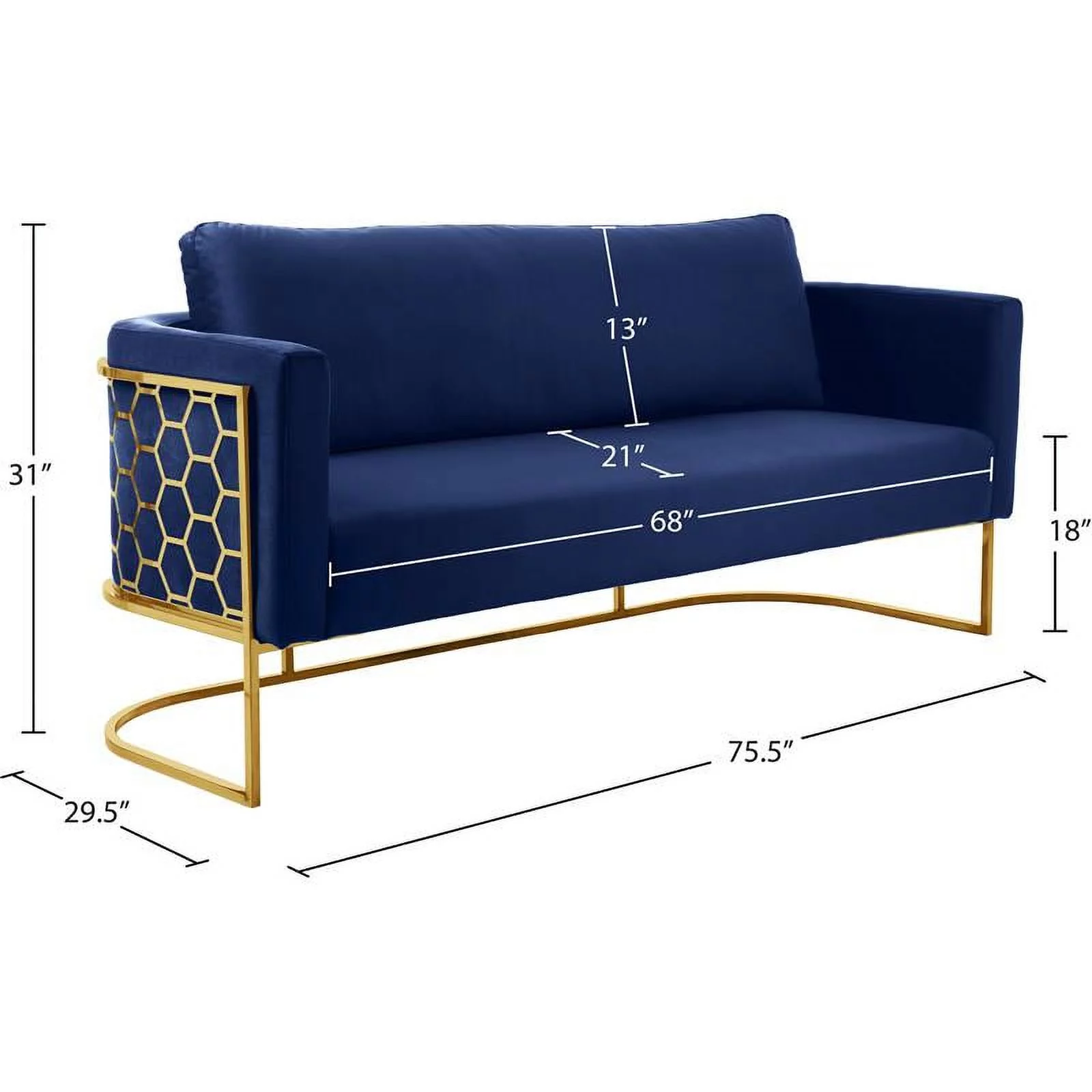 Meridian Furniture Casa Navy Velvet Sofa with Gold Iron Metal Base